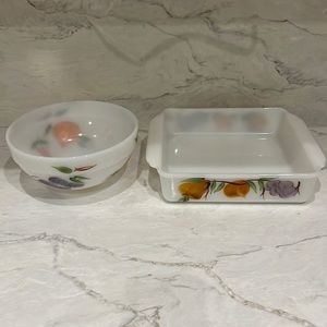 Fire King Gay Fad Hand Painted square Casserole and Bowl
